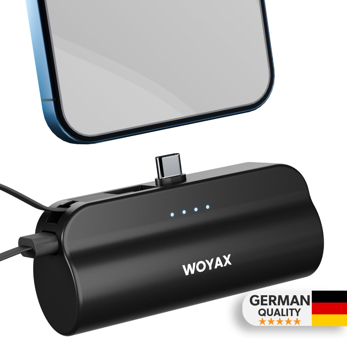 USB-C-Stecker Mini Powerbank 5000mAh mit internem Type-C-Kabel, tragbares Ladegerät, Schwarz