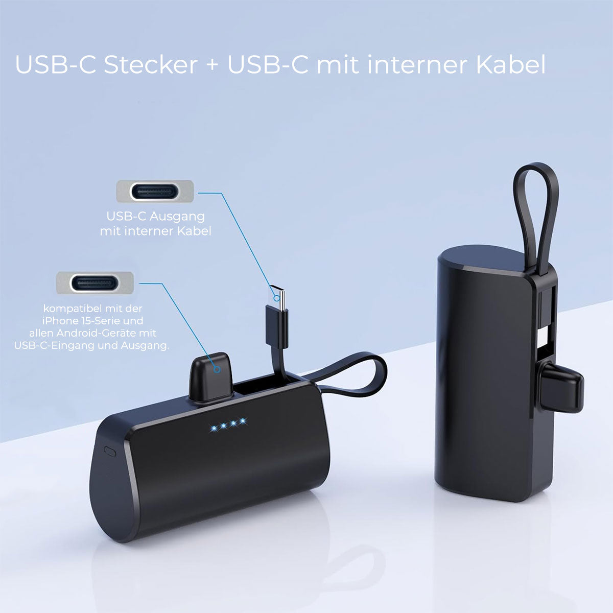 USB-C-Stecker Mini Powerbank 5000mAh mit internem Type-C-Kabel, tragbares Ladegerät, Schwarz